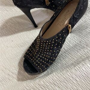 Rachel Black Peep-Toe Heels with Gold Studs